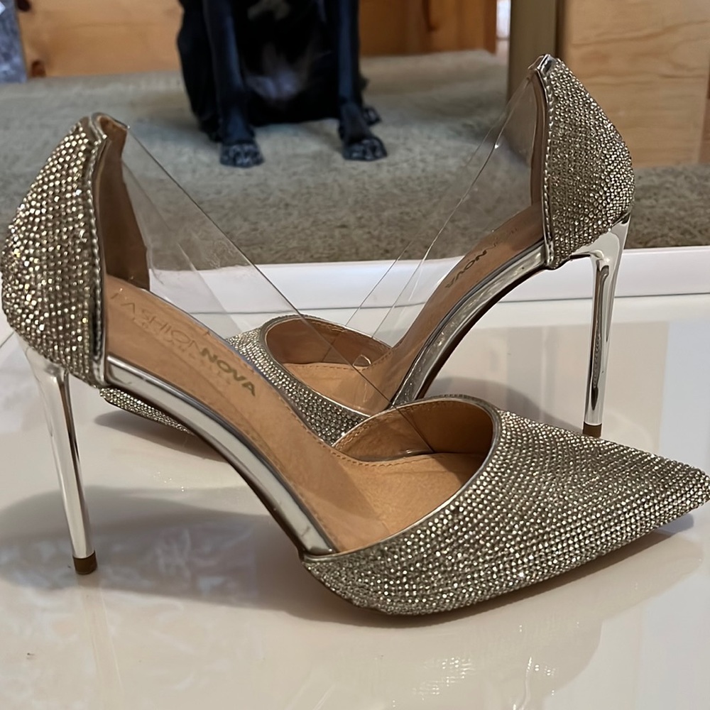 Silver rhinestone heels
